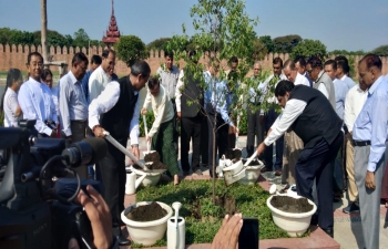 In commemoration of 150th Birth Anniversary of  Mahatma Gandhi, Sandalwood Tree Planting Ceremony at East of the Mandalay Palace Moat by Mayor & Minister for Development Affairs.